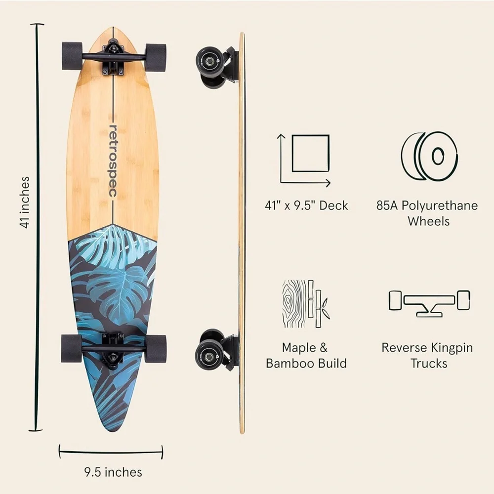 Bamboo Longboard with Blue Leaf Design
